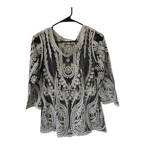 Ultra Pink Cover Top Womens Sz M Embroidery Sheer Black White See Thru